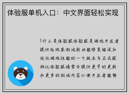 体验服单机入口：中文界面轻松实现